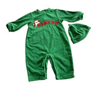 Y2K Baby's Christmas Sleeper Hat Santa’s Helper 2 PC Outfit Green Velour 3-6M
